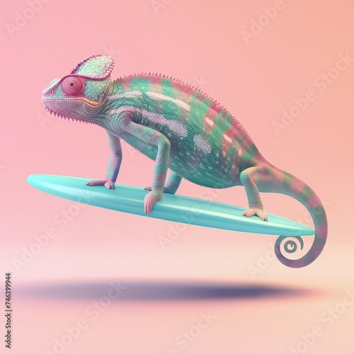 Chameleon on a surfboard, vivid colors, 3D render, showcasing balance, clean minimalistic style