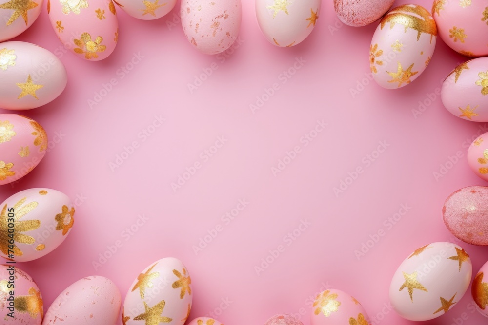 Top view of a unique frame created from painted Easter eggs against a light solid background, embodying the essence of Easter