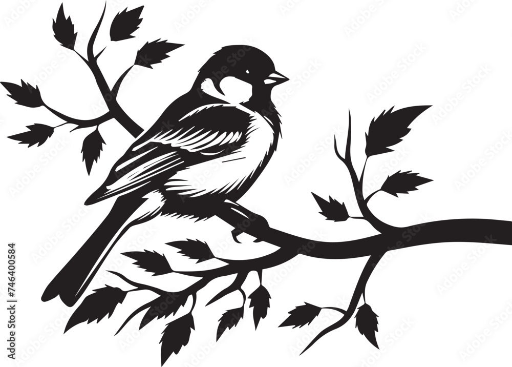 Black silhouette bird on the tree branch white background Black silhouette bird on the tree branch white background