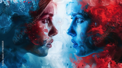 Zwei Personen schauen sich an, Rot und Blau photo