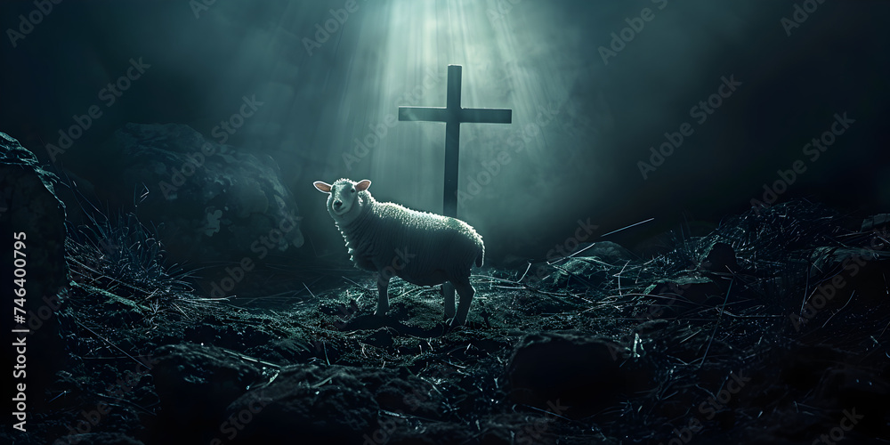 Jesus on the cross Sheep standing on top of a mountain in a foggy day. - obrazy, fototapety, plakaty 