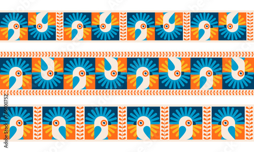 Summer seamless patterns with parrots, jungle birds. Geometric borders with bright exotic tropical birds, cockatoo, leaves. Geometric patterns for brazil carnaval, vector flat cartoon illustration