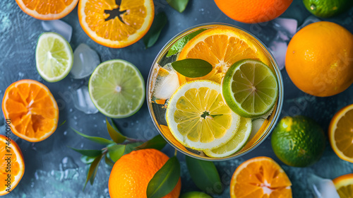 Vitamin summer refreshing drinks. Citrus punch with oranges and lime  with mint sprigs  chilled with ice. On blue stone table  with ingredients  copy space Icy detox water in a cup with oranges   
