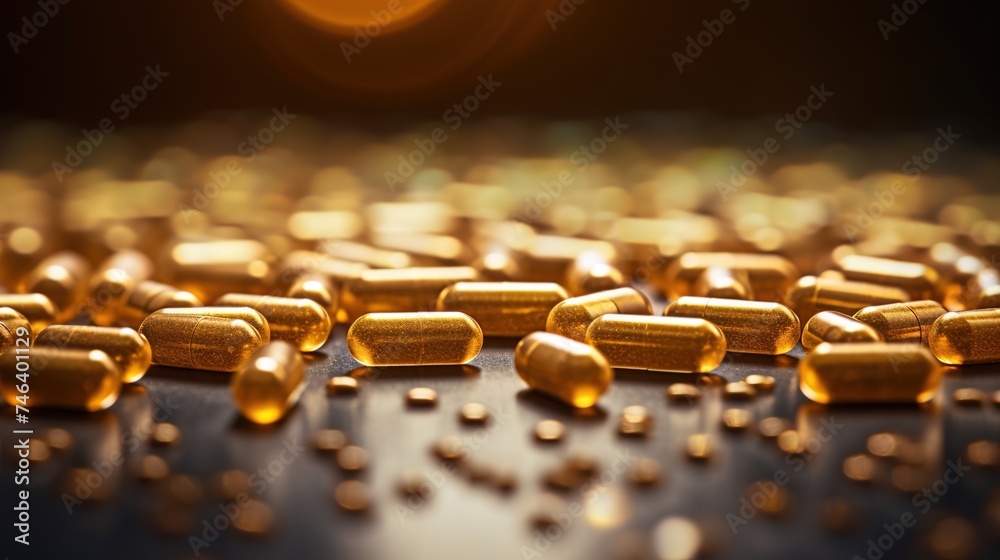 Close-up of golden pills and capsules on black background. Food dietary supplement. Side view. Generative AI Close-up of golden pills and capsules on black background. Food dietary supplement. Side view. Generative AI