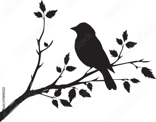 Black silhouette bird on the tree branch white background