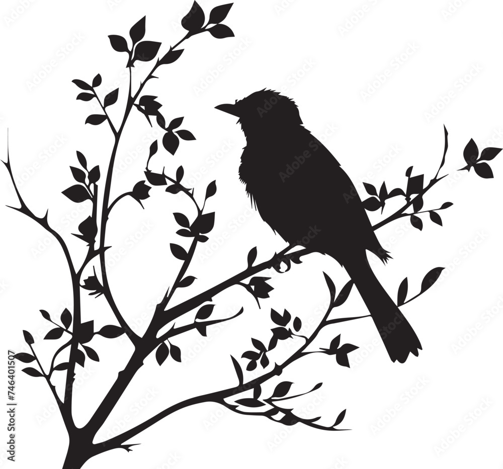 Fototapeta premium Black silhouette bird on the tree branch white background