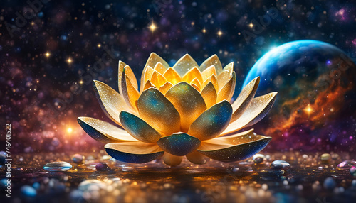 Lotus Blüte geöffnet Blume Erkenntnis Gold glänzend in vor Hintergrund Universum leuchtender Sterne Galaxien Lilie Wasser Spirituelle Erkenntnis neue Erde Erwachen Achtsamkeit Erleuchtung Buddha 