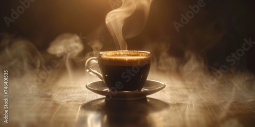 Cappuccino with picture on milk , cup with steam, in the style of light black and dark beige, engineering/construction and design, photo taken highly detailed, close up.