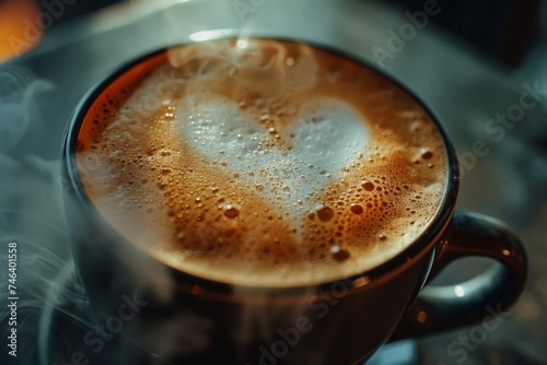 Cappuccino with drawing in the shape of a heart made of milk froth , cup with steam, in the style of light black and dark beige, highly detailed, sabattier filter, close up. photo