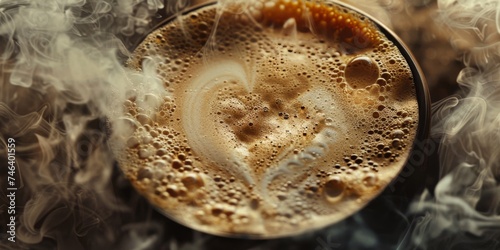 Cappuccino with drawing in the shape of a heart made of milk froth , cup with steam, in the style of light black and dark beige, highly detailed, sabattier filter, close up. photo