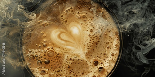 Cappuccino with drawing in the shape of a heart made of milk froth , cup with steam, in the style of light black and dark beige, highly detailed, sabattier filter, close up.