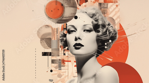 Vintage beauty collage: abstract retro fusion art for a cinematic 1940s horizontal poster with clipping black and white face of elegant actress