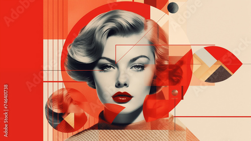 Modernist collage of a 1950s woman's face in black and white with abstract shapes and cropped photos on background, digital art for Horizontal cinematic poster, retro vintage art, big red lips. Ai