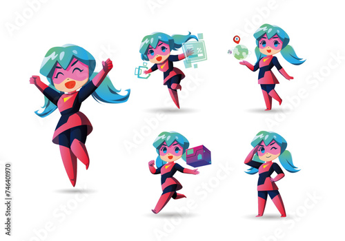 pink black colorful twin tail Super Hero Girl Mascot Character Set2