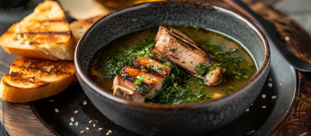 Savory beef and herb soup in a ceramic bowl served with fresh ingredients and spices