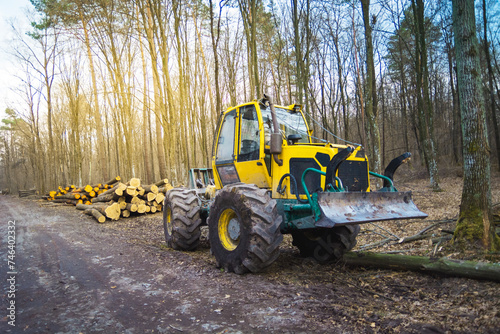 Skidder machine in the forest, spring day