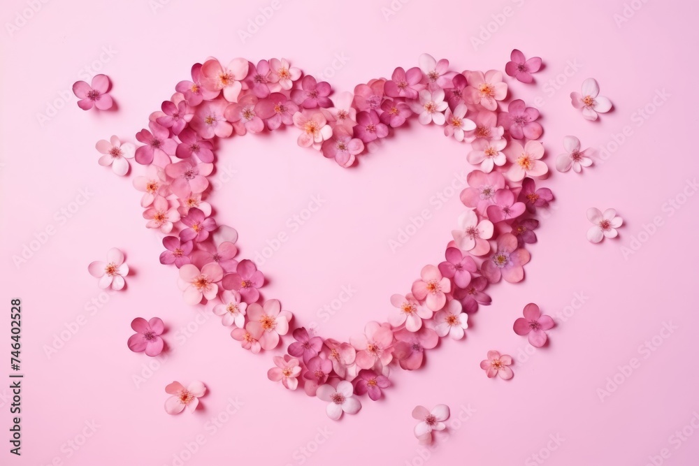 Floral heart frame on a soft pink backdrop. Heart Made of Pink Flowers on Pastel Background