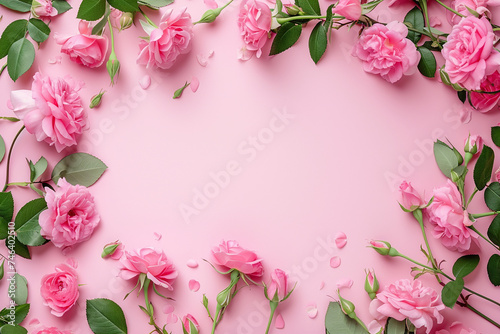 Women's Day, Mother's day top view, light pink solid background; frame from pink roses flowers, studio light