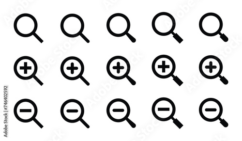Set of search and zoom icon vector. Magnifying glass with plus and minus