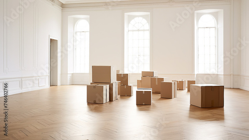 cardboard boxes in a large empty bright room, relocating.