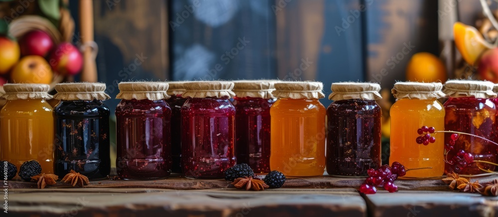 Rustic table display with assorted homemade jams in glass jars for breakfast spread