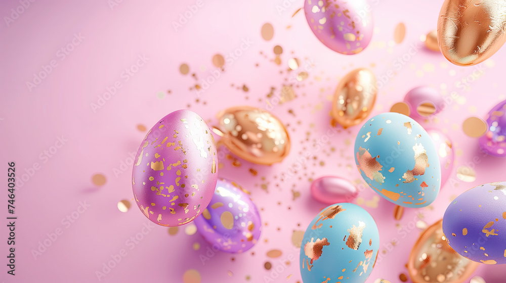 Easter eggs painted in pastel colors with pattern flying on a pink background
