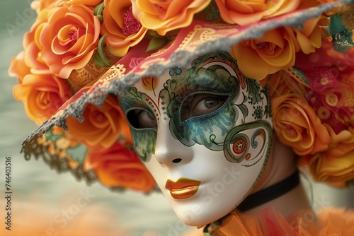 An elegantly dressed figure, face hidden behind a lavish carnival mask, topped with a colorful hat decorated with bright orange blooms.