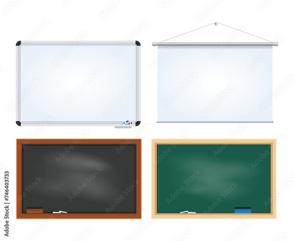 Obraz premium Set of Blank Chalkboard and Whiteboard set collection with marker, eraser, chalk and hanging, Realistic black and green blackboard in wooden frame, Background for school or restaurant design, menu.