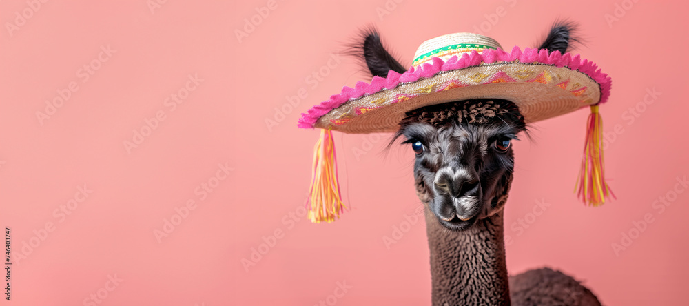 Naklejka premium lama or alpaca in mexican sombrero hat isolated on pastel background