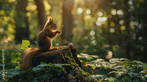A little red wild squirrel in a natural forest.