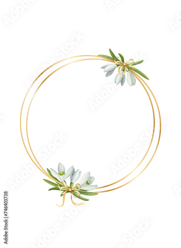 Gold double round frame with two bouquets of snowdrops. Illustration on a transparent background for the design of cards, invitations, etc.