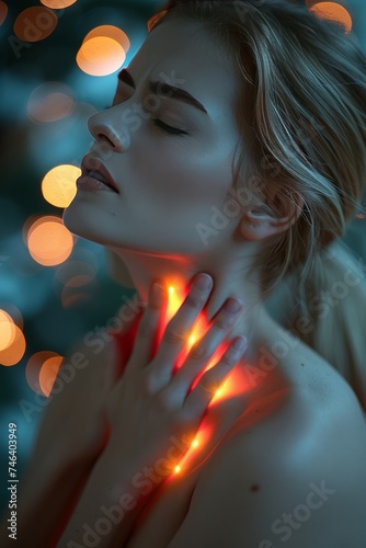 Digital composite of highlighted spine of a woman with neck pain in the office. The woman is holding her neck highlighting the pain.