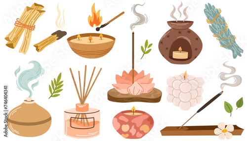 Aromatherapy set. Essential oils, candles, aroma lamps, diffuser, herbs, Palo santo, sage. Ayurveda Aromatic therapy.