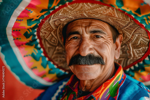 portrait of a Mexican musician with a mustache in a traditional costume and smbrero