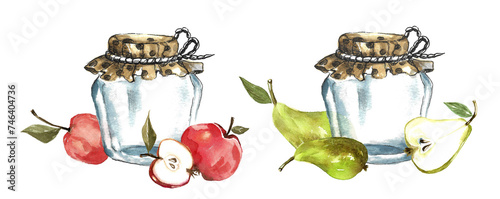 Making jam. Two empty glass transparent jars with polka dot fabric lid surrounded by green pears and red apples with branches and leaves. Handmade watercolor painting photo