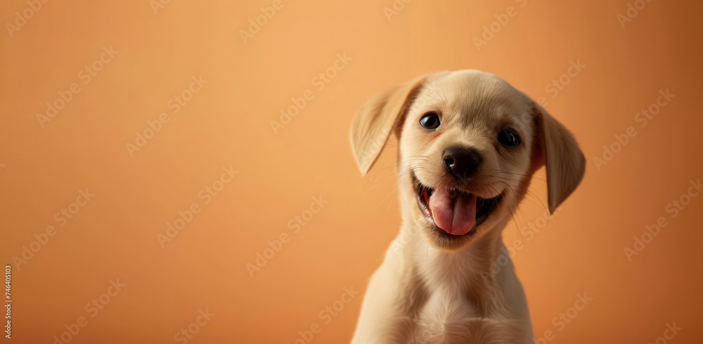 Happy light peach puppy smiling cutely on an isolated peach background. Soft and bright shades, professional studio lighting, banner, close-up. Copy space