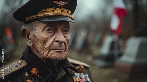 elderly man in military attire, including a cap with medals and insignia, saluting solemnly. He appears to be at a cemetery given the headstones in the background, each adorned with a flag