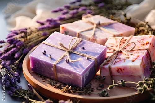 Handmade Soaps with Lavender Bunch. Cosmetics & Body Care Products. Natural Soap Bars with Fresh