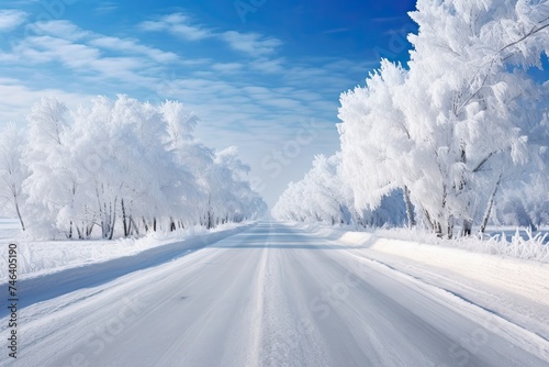 Snowy Winter Road with Cold Day. Beautiful Landscape of Ice and Snow Perfect for Nature and Travel © Serhii