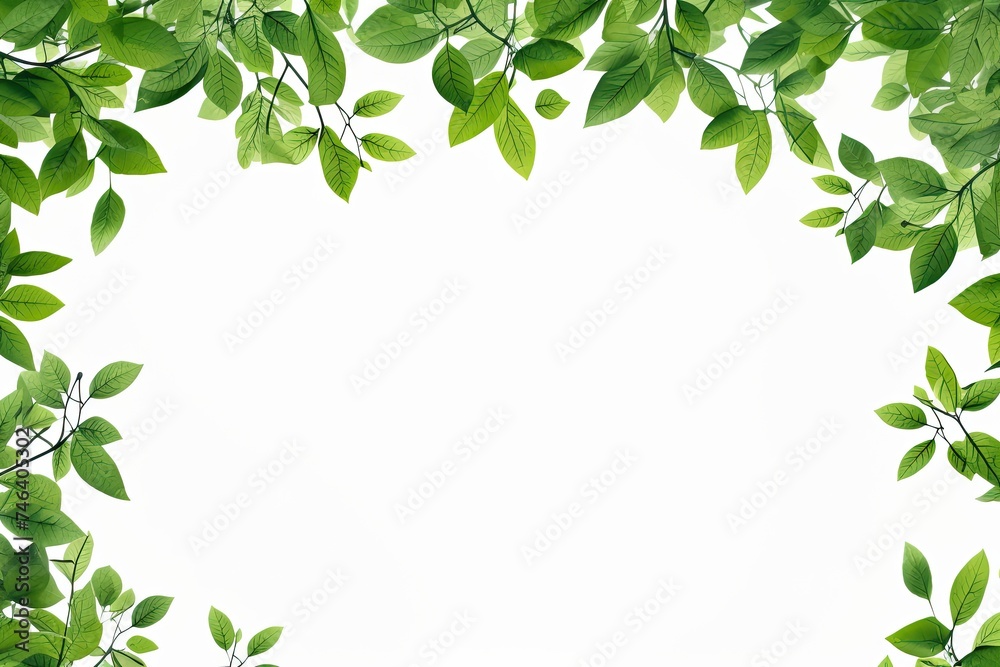 Nature's Border: Green Leaves Frame on White Background. A fresh and natural border made of leaves