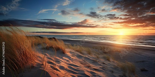 Sunset View of Meer: A stunning coastal image of Baltic Sea with sandy shore, dunes and mussels