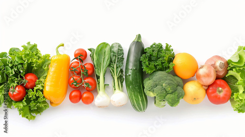 A row of vegetables and fruits collage.