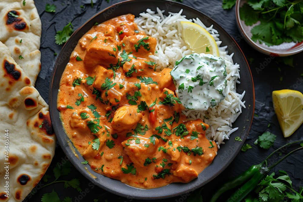 Top view of the rice dish with Chicken Tikka Masala, bread and sauce on the table. Chicken in Chinese sauce Top view of the rice dish with Chicken Tikka Masala, bread and sauce on the table. Chicken in Chinese sauce