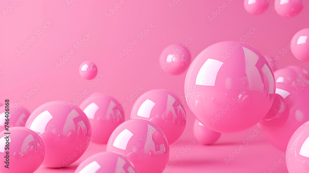 Floating pink spheres 3d rendering on pink background	
