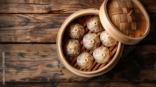 Oriental dumplings with meat and broth lying in a bamboo steamer on a wooden table top view