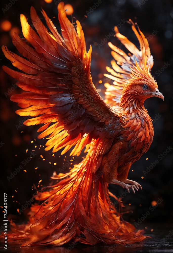 Fototapeta premium A phoenix mythical bird in fire. Symbol of rebirth restart of live new beginnings and hope. Fenix firebird with burning glowing wings and feathers on black background