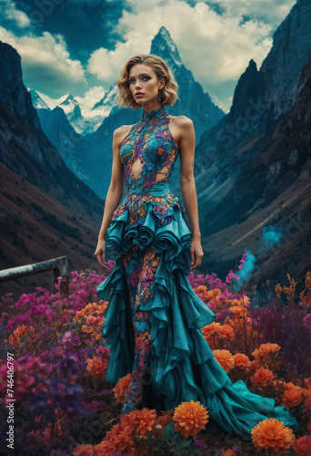 Fashion portrait of a young woman in fantasy dress in surreal outdoor settings. A blend of baroque and rococo styles. Fashion concepts, floral, beauty, elegance, and artistic designs.