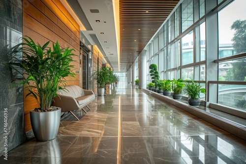 Elegant Business Corridor: Luxurious Ambiance with Comfortable Furniture and Refined Architecture © AIGen