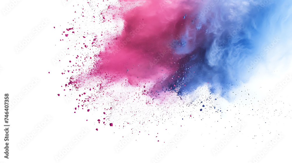 Holi colors Blue pink color powder explosion on white background