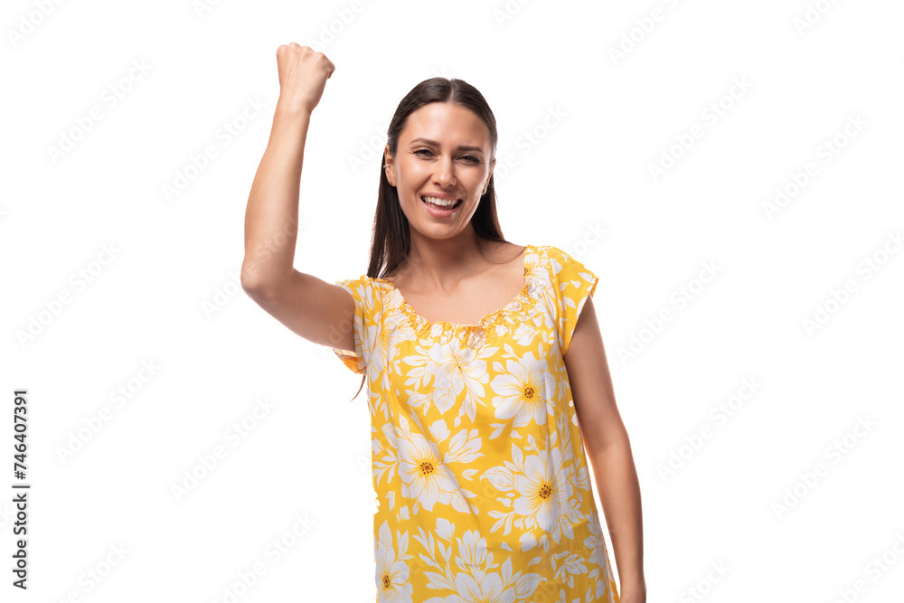 European woman with straight flowing black hair rejoices at good luck European woman with straight flowing black hair rejoices at good luck